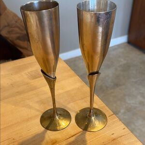 Elegant Gold& Silver Champagne Flutes 1970’s.  Detachable stems for transport!